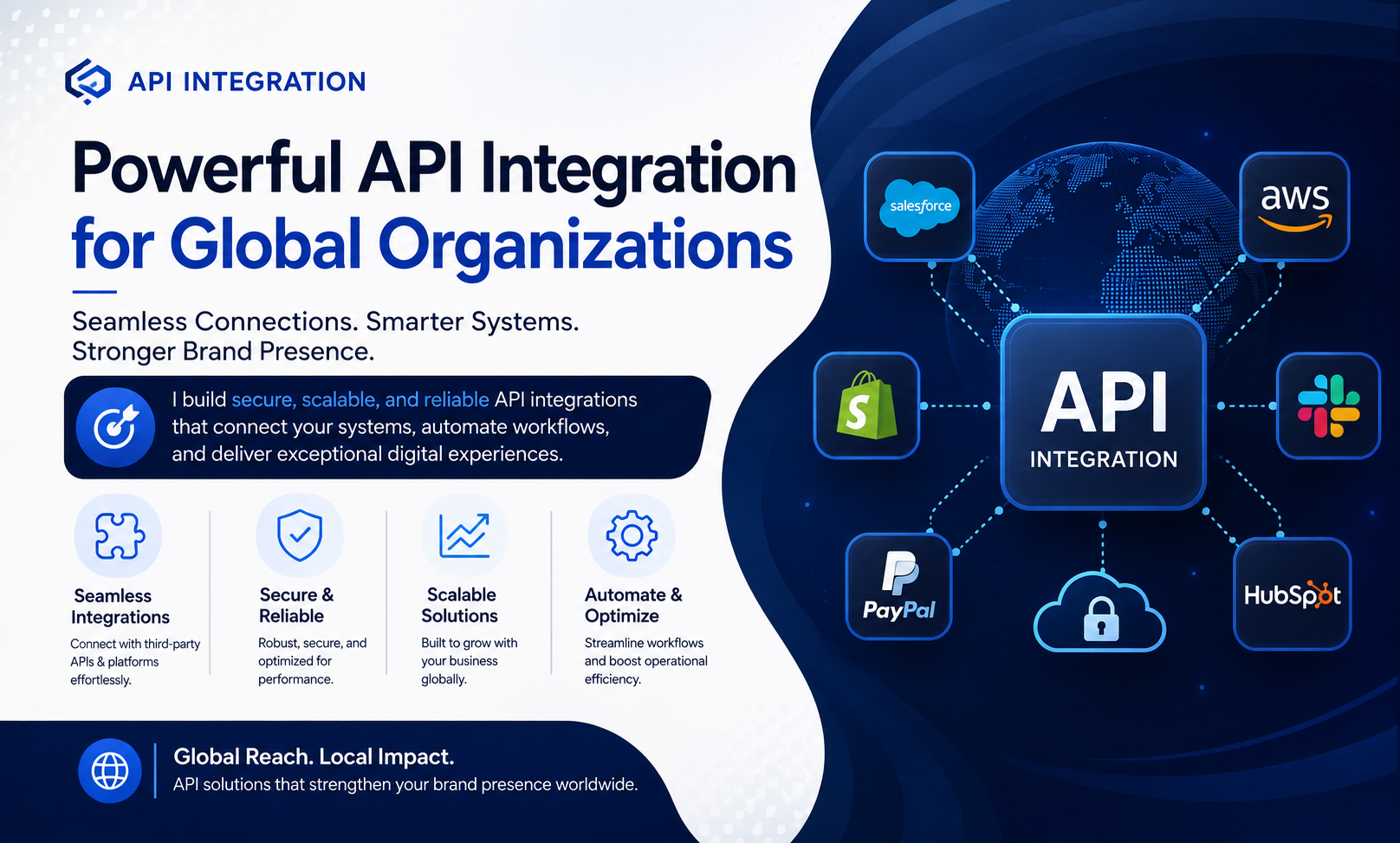 I will build api integration for global organizations focused on a memorable brand presence