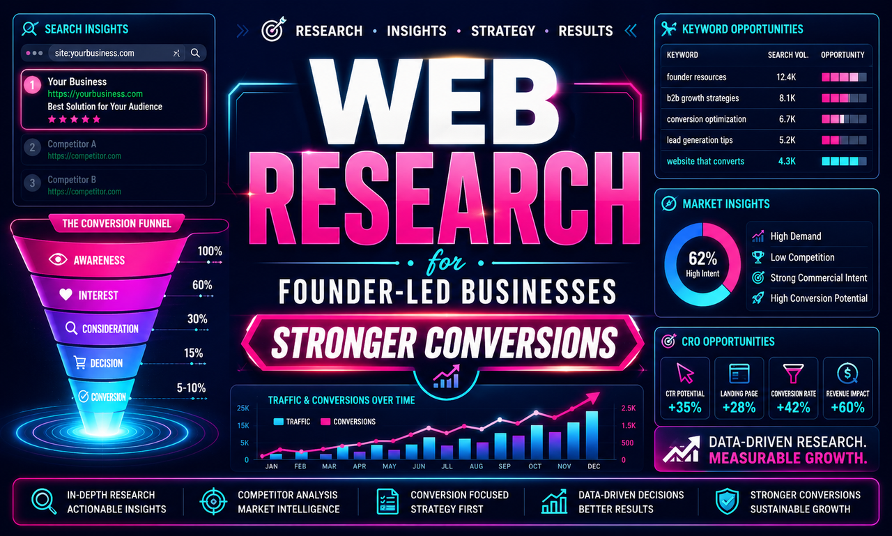 I will build web research for founder-led businesses focused on stronger conversions