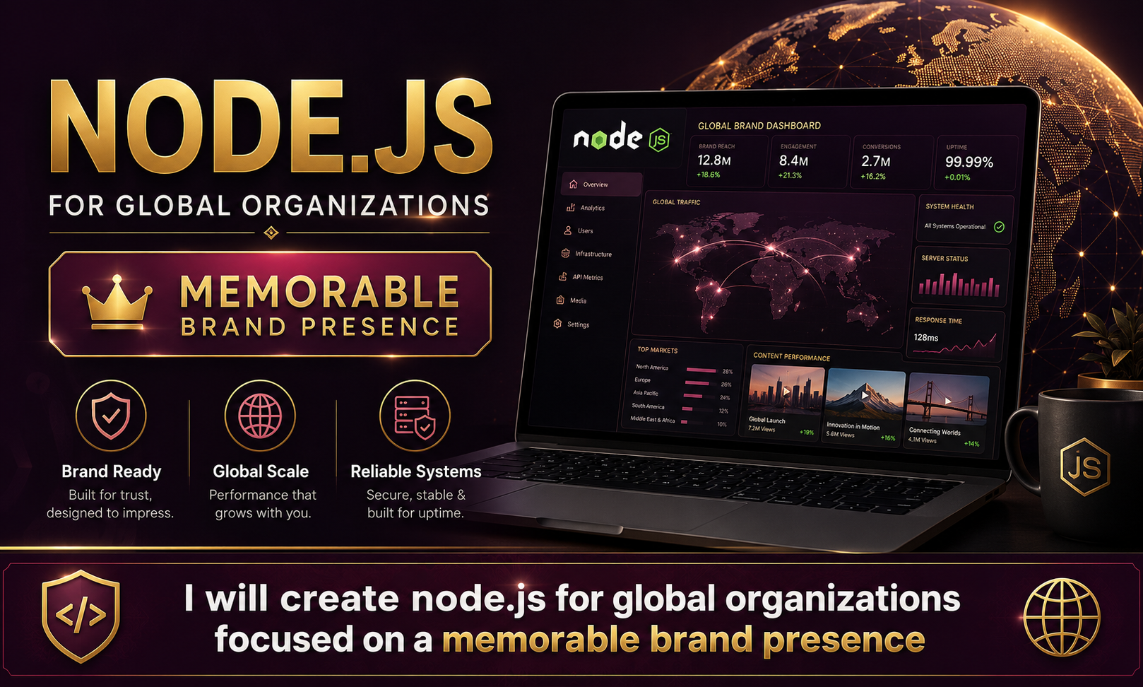 I will create node.js for global organizations focused on a memorable brand presence