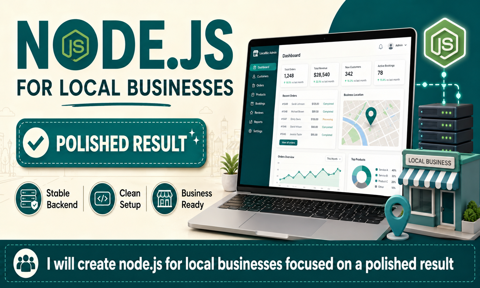 I will create node.js for local businesses focused on a polished result