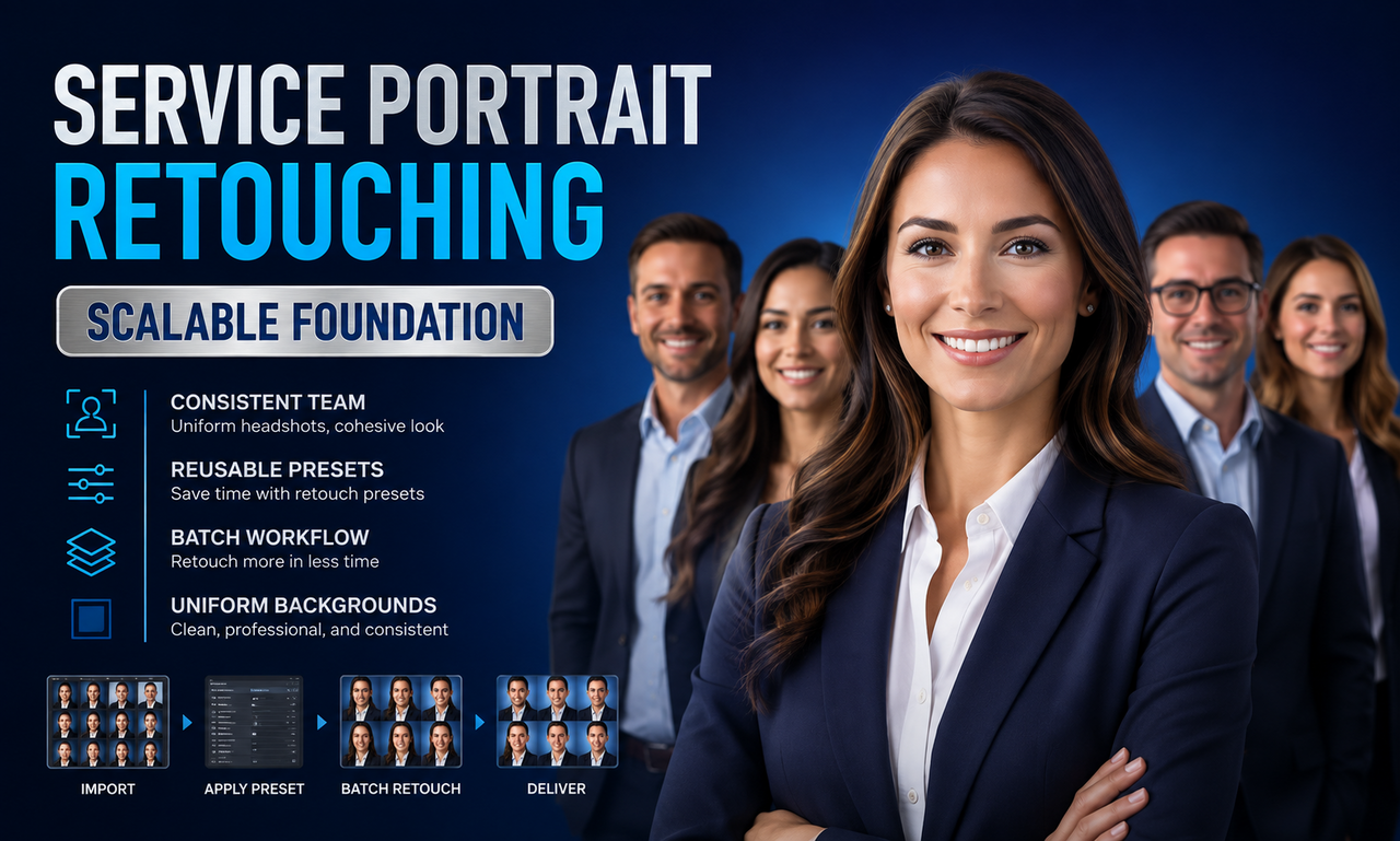 I will create portrait retouching for service companies focused on a scalable foundation