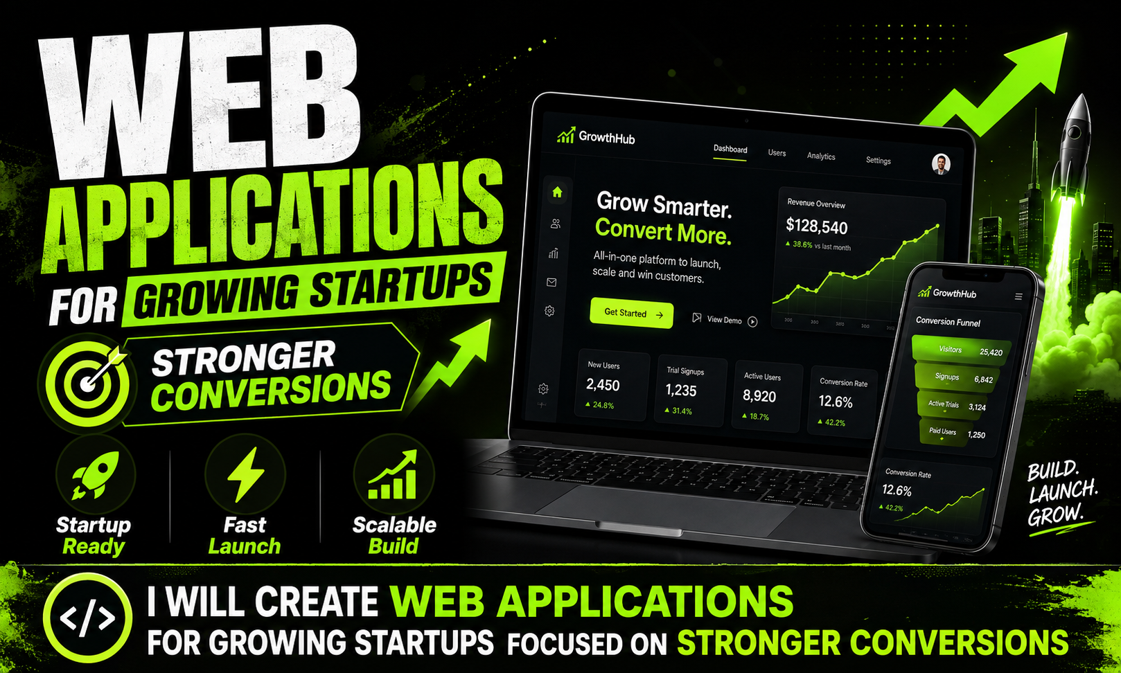 I will create web applications for growing startups focused on stronger conversions