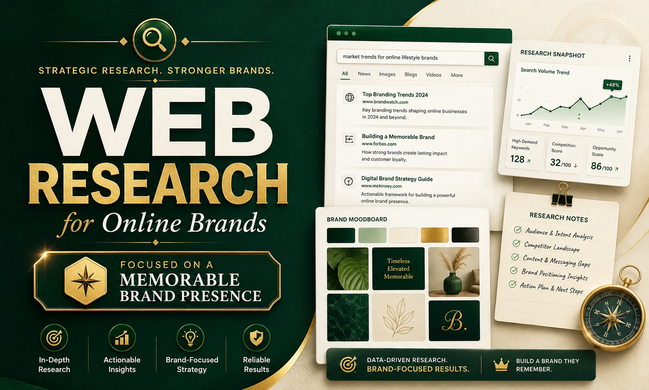 I will deliver web research for online brands focused on a memorable brand presence