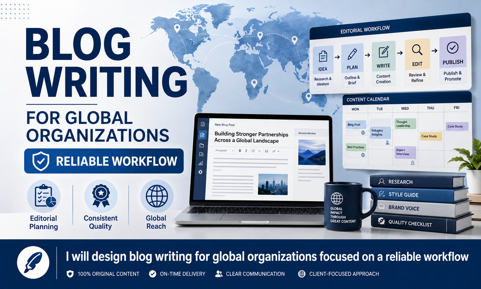 I will design blog writing for global organizations focused on a reliable workflow