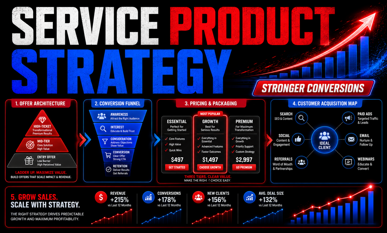 I will design product strategy for service companies focused on stronger conversions