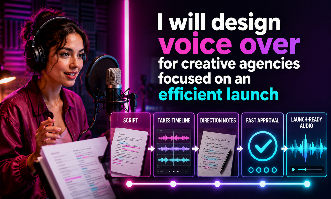 I will design voice over for creative agencies focused on an efficient launch