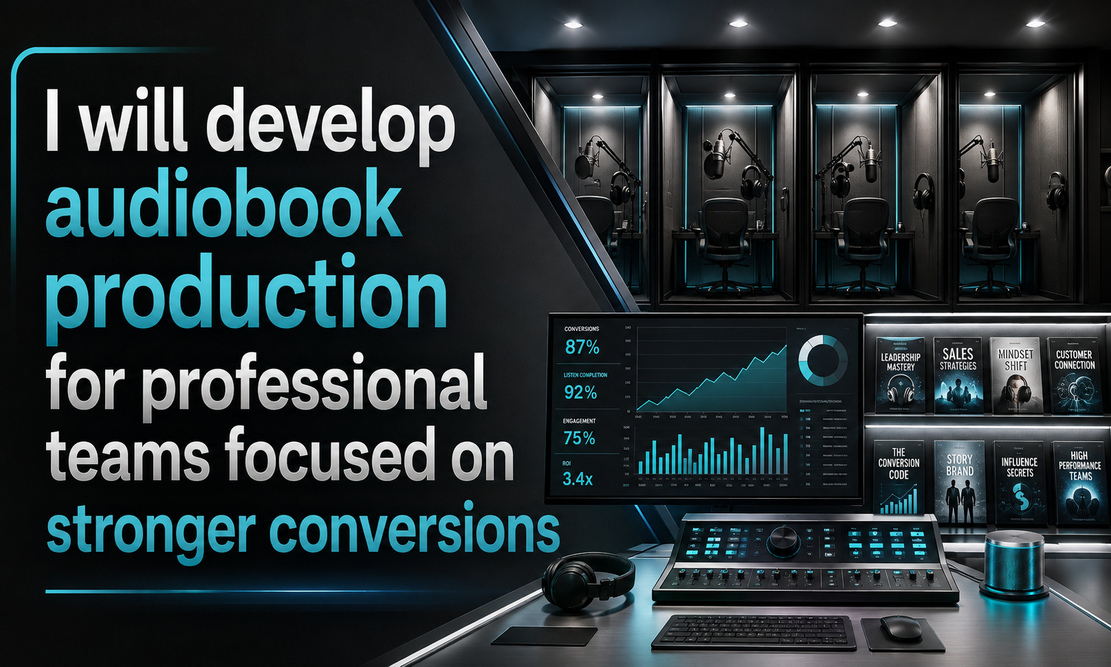 I will develop audiobook production for professional teams focused on stronger conversions