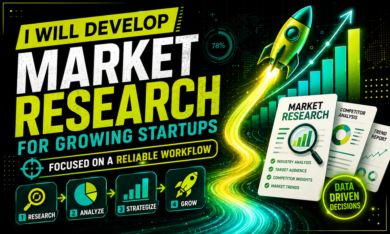 I will develop market research for growing startups focused on a reliable workflow
