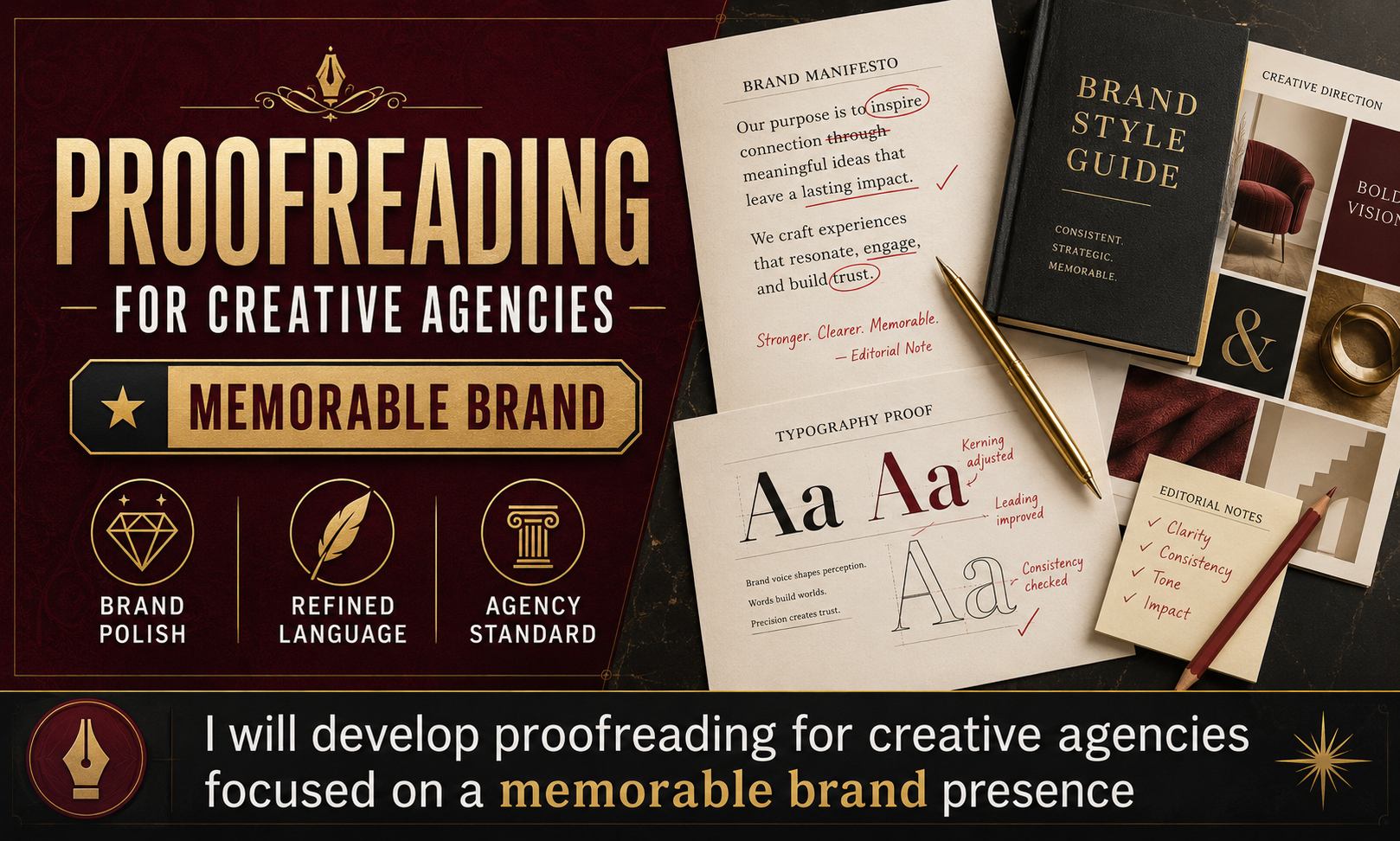 I will develop proofreading for creative agencies focused on a memorable brand presence