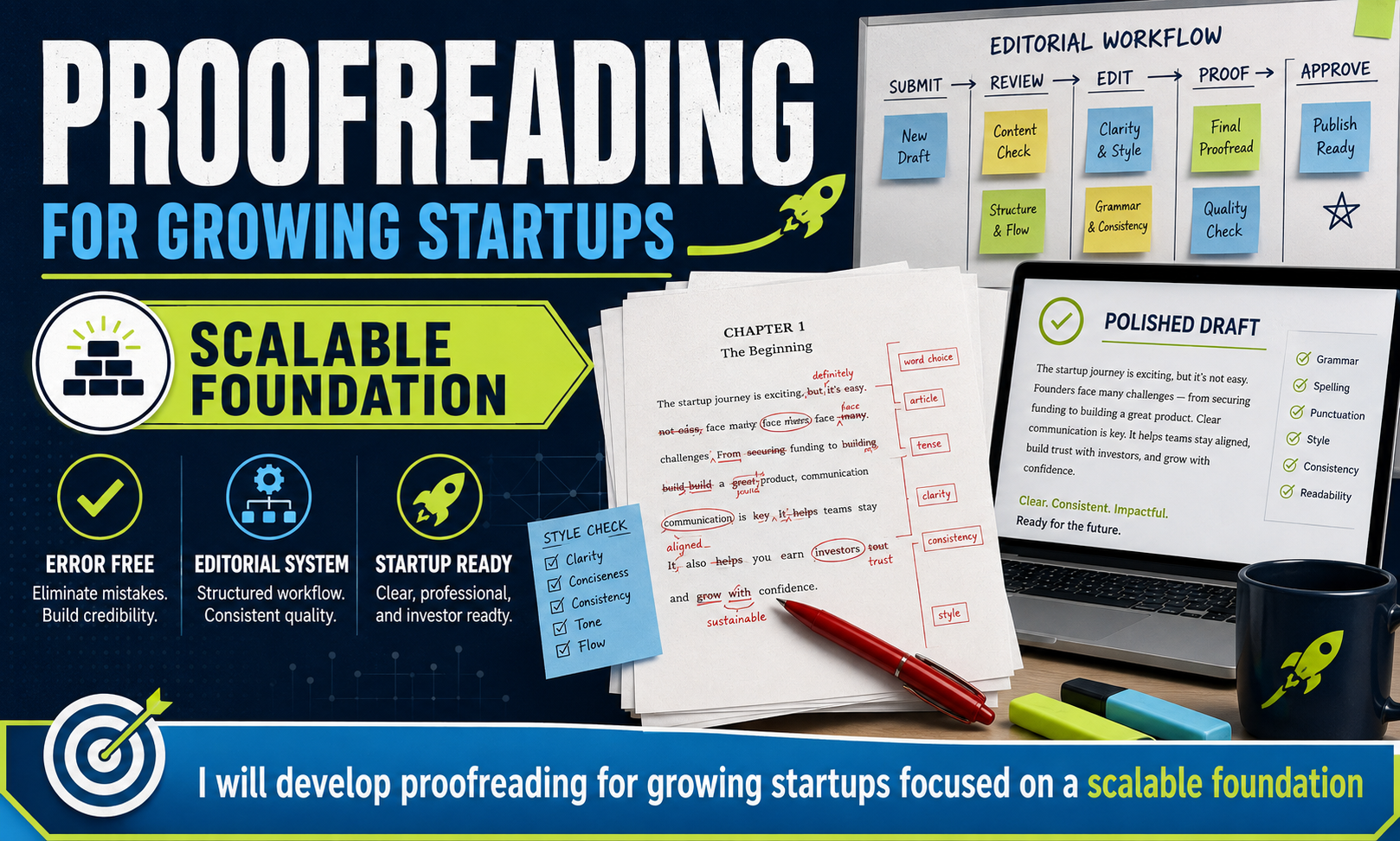 I will develop proofreading for growing startups focused on a scalable foundation