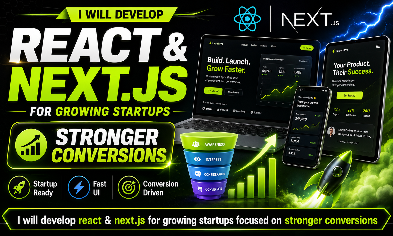 I will develop react & next.js for growing startups focused on stronger conversions