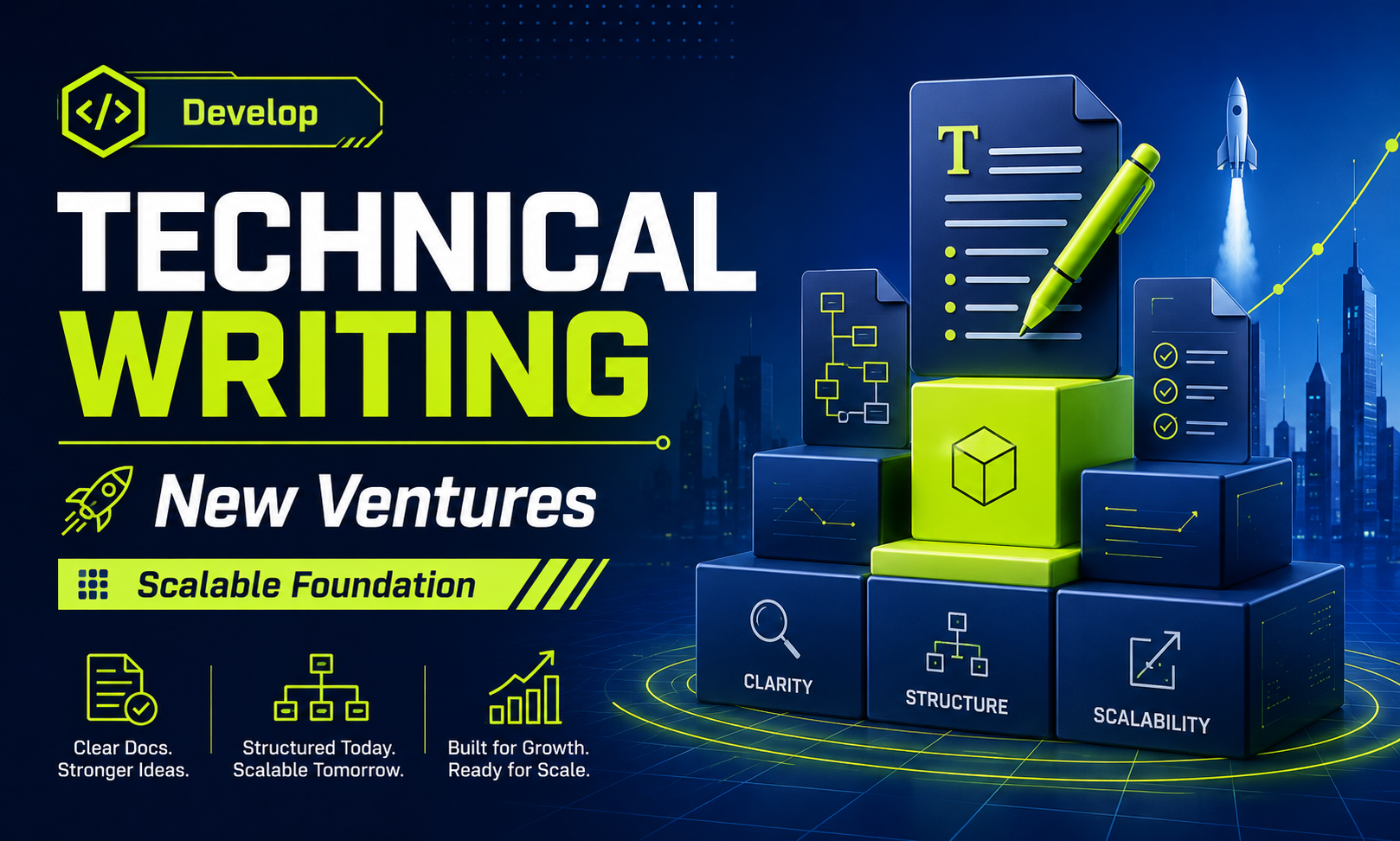 I will develop technical writing for new ventures focused on a scalable foundation