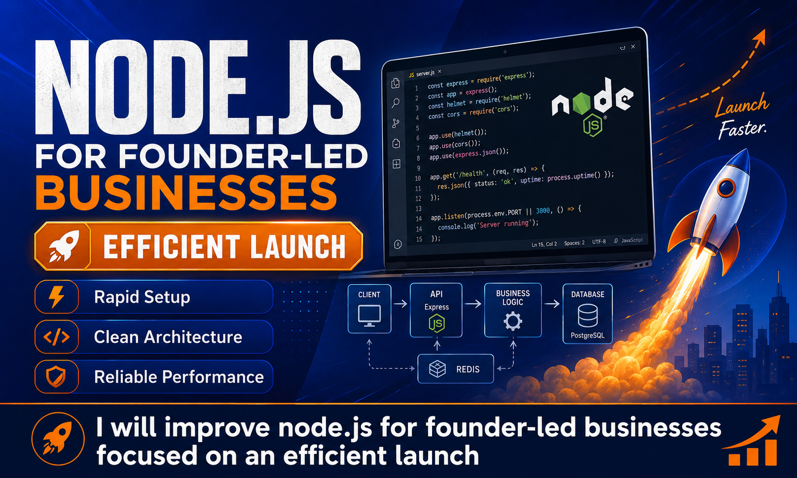 I will improve node.js for founder-led businesses focused on an efficient launch