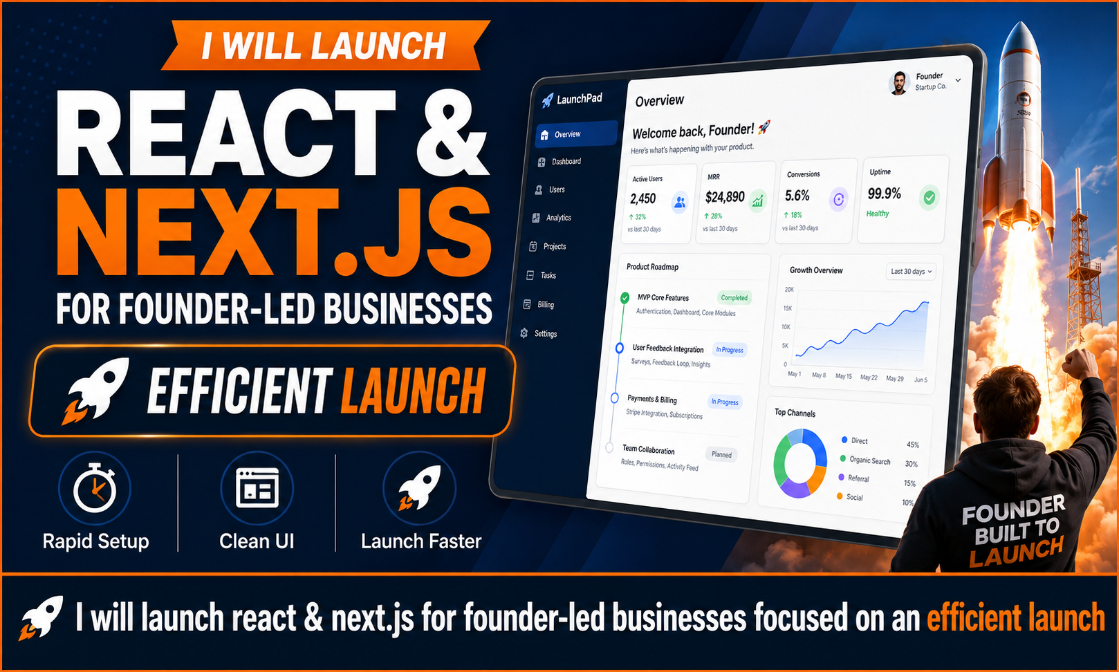 I will launch react & next.js for founder-led businesses focused on an efficient launch