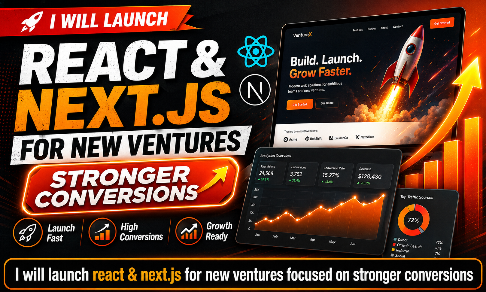 I will launch react & next.js for new ventures focused on stronger conversions