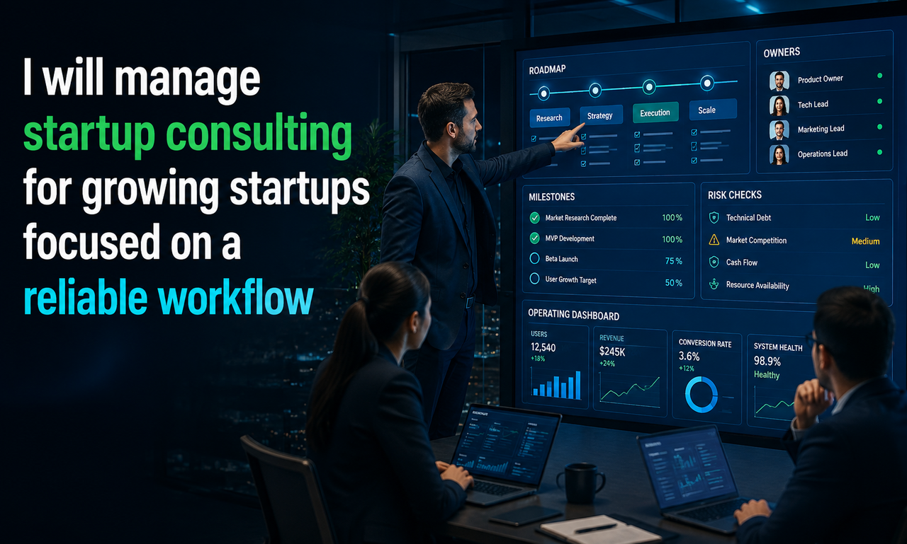 I will manage startup consulting for growing startups focused on a reliable workflow