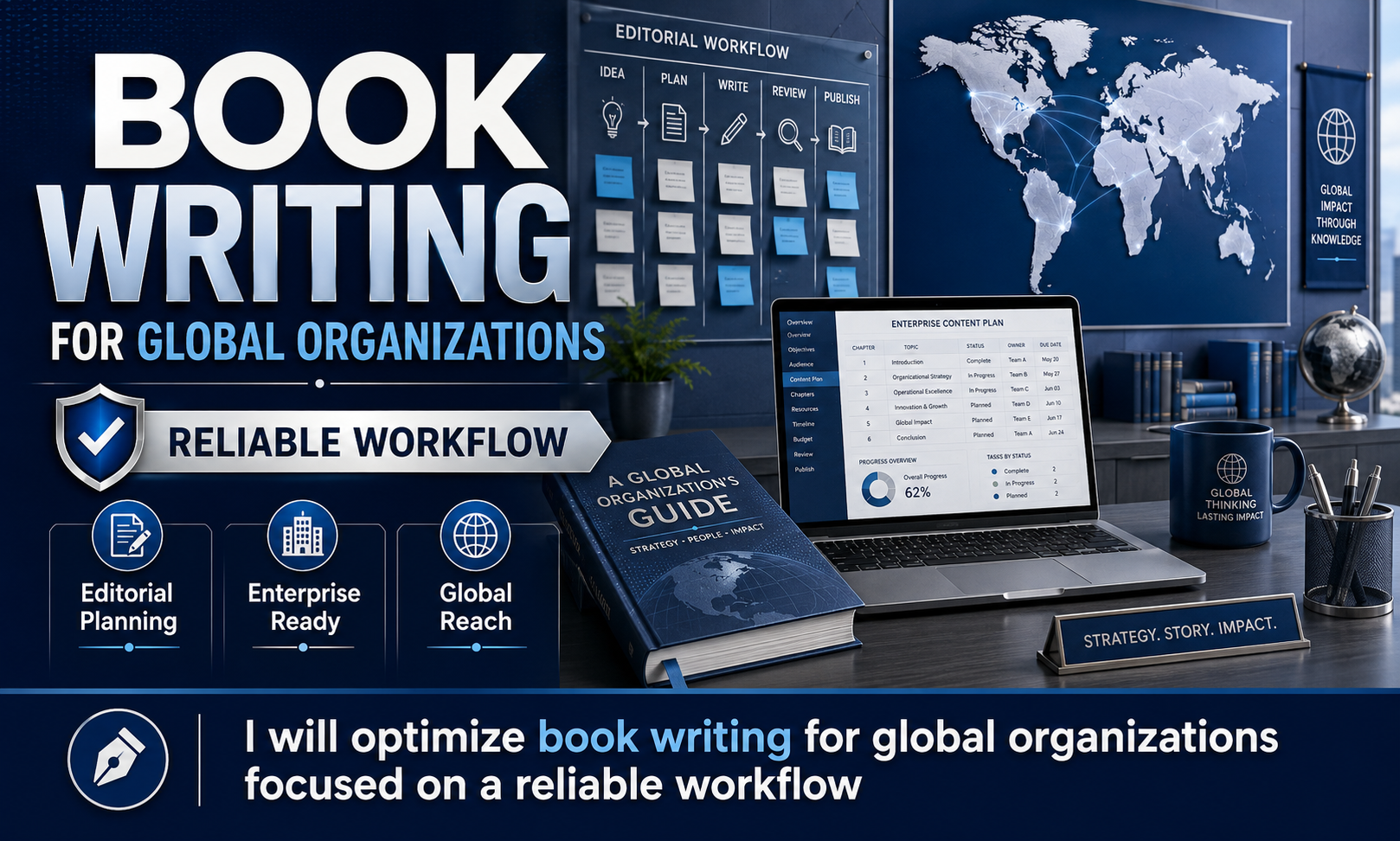 I will optimize book writing for global organizations focused on a reliable workflow