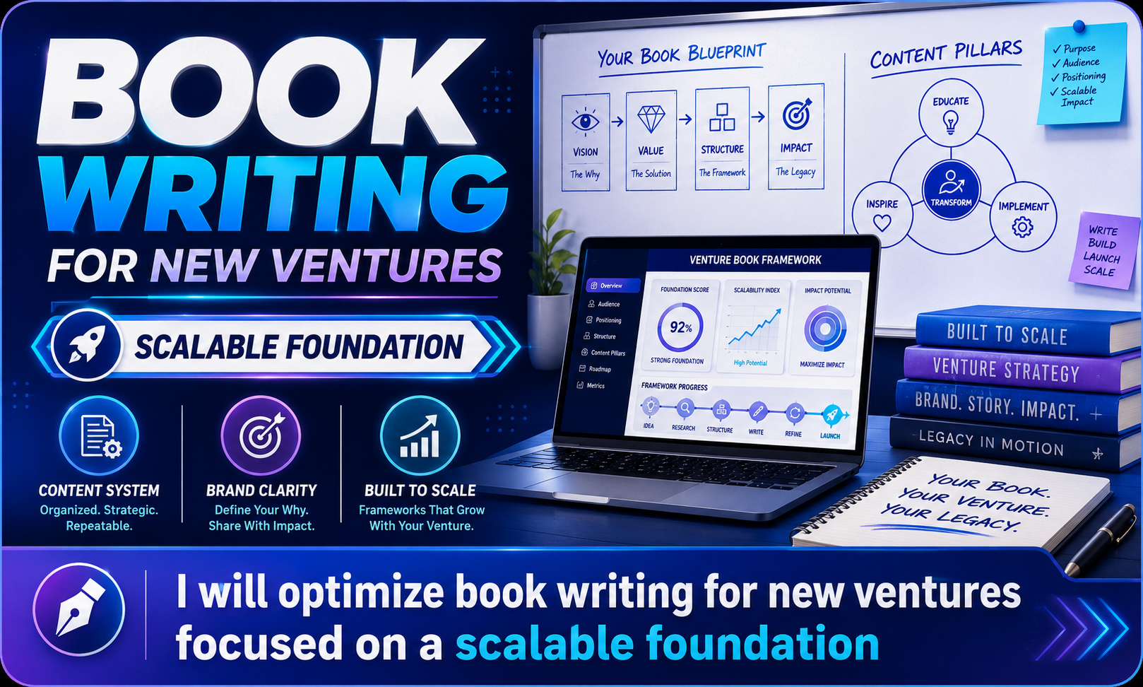 I will optimize book writing for new ventures focused on a scalable foundation
