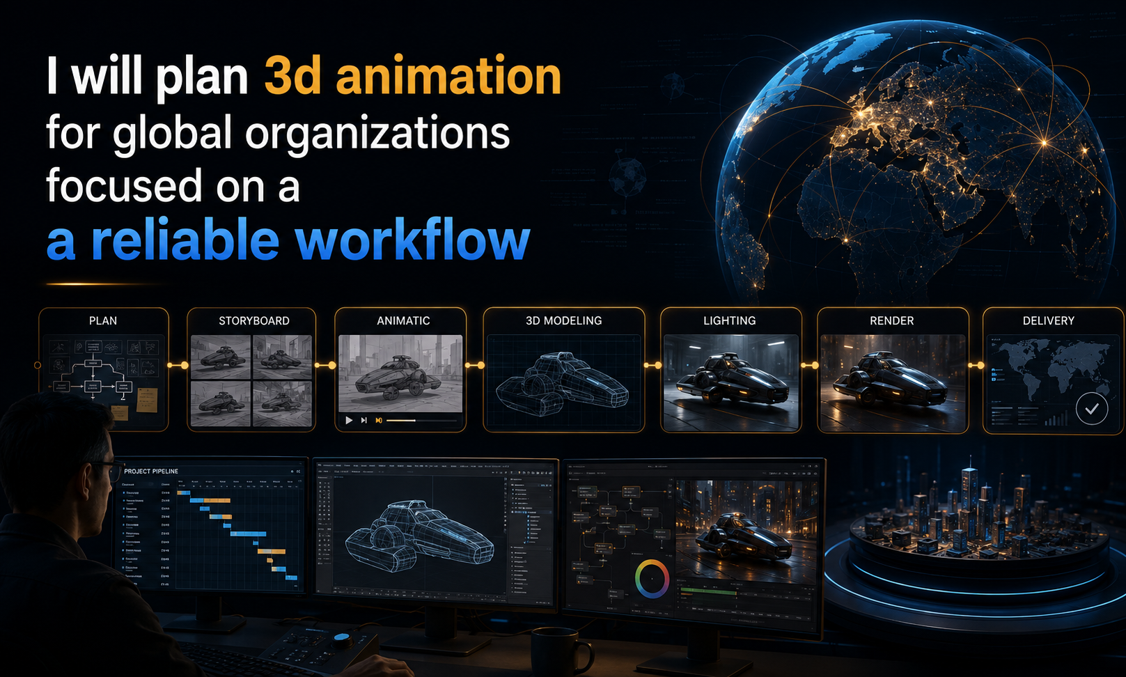 I will plan 3d animation for global organizations focused on a reliable workflow