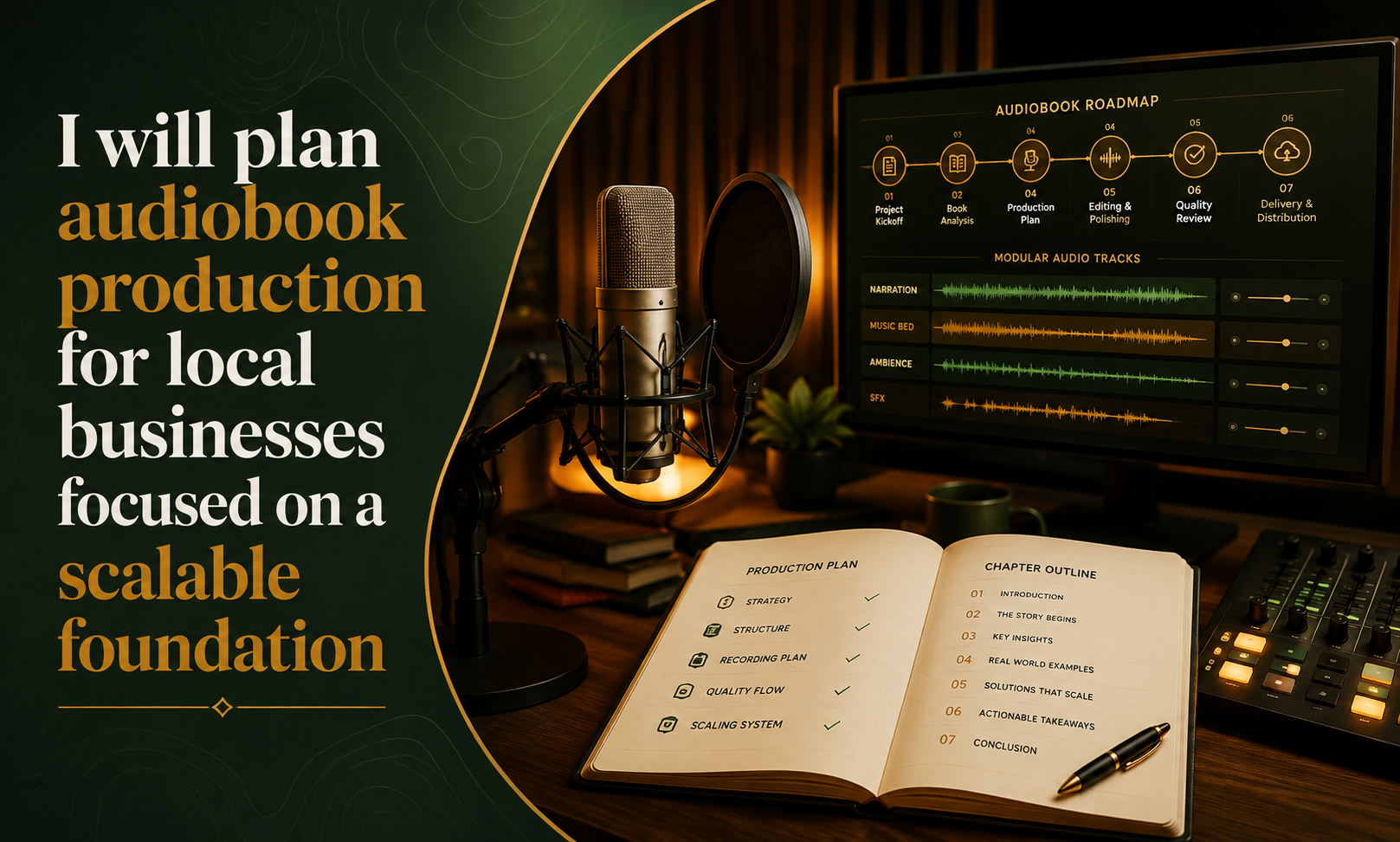 I will plan audiobook production for local businesses focused on a scalable foundation