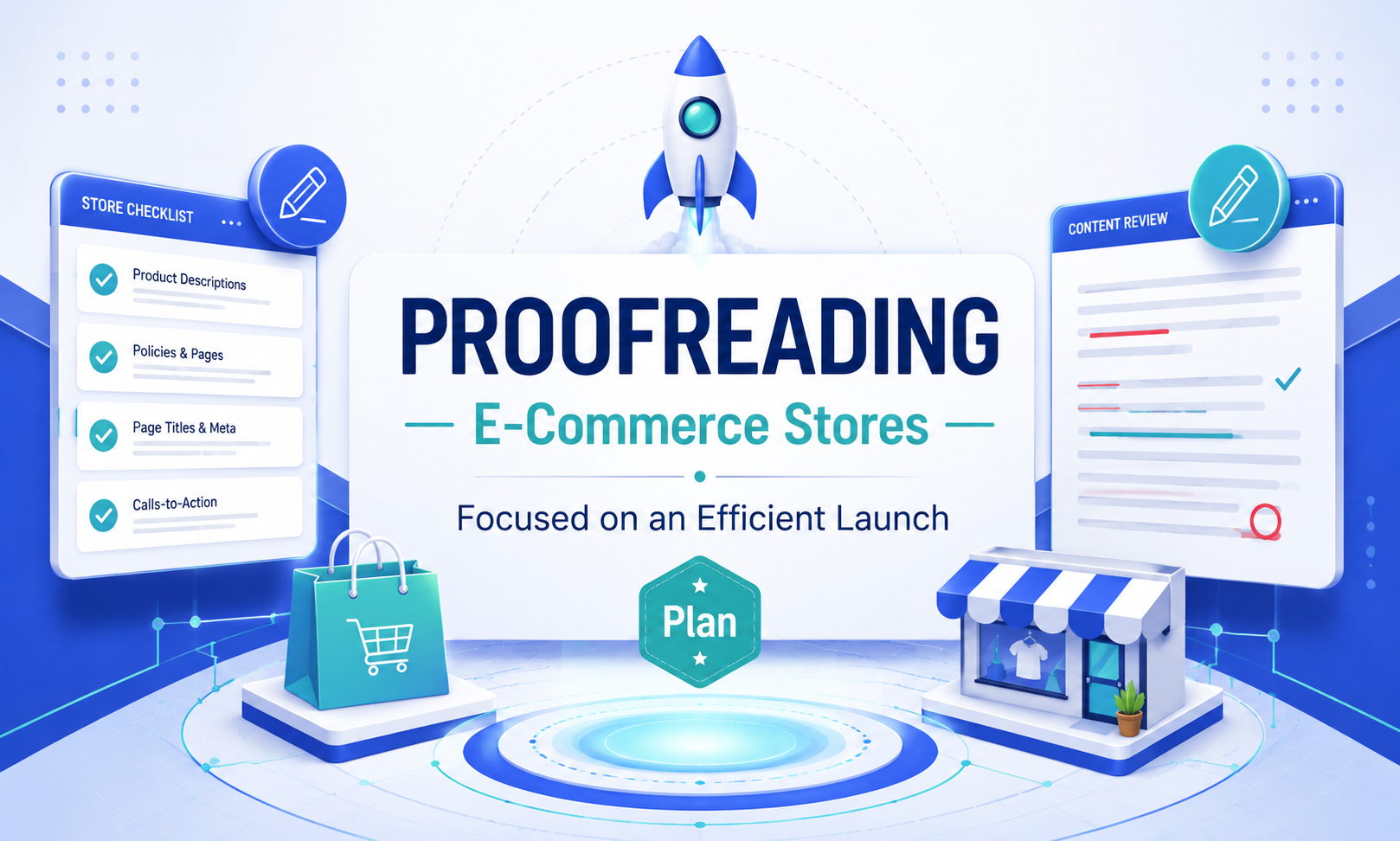 I will plan proofreading for e-commerce stores focused on an efficient launch