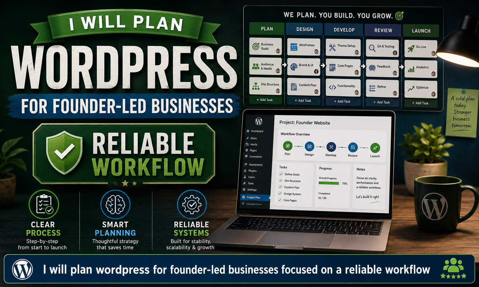 I will plan wordpress for founder-led businesses focused on a reliable workflow